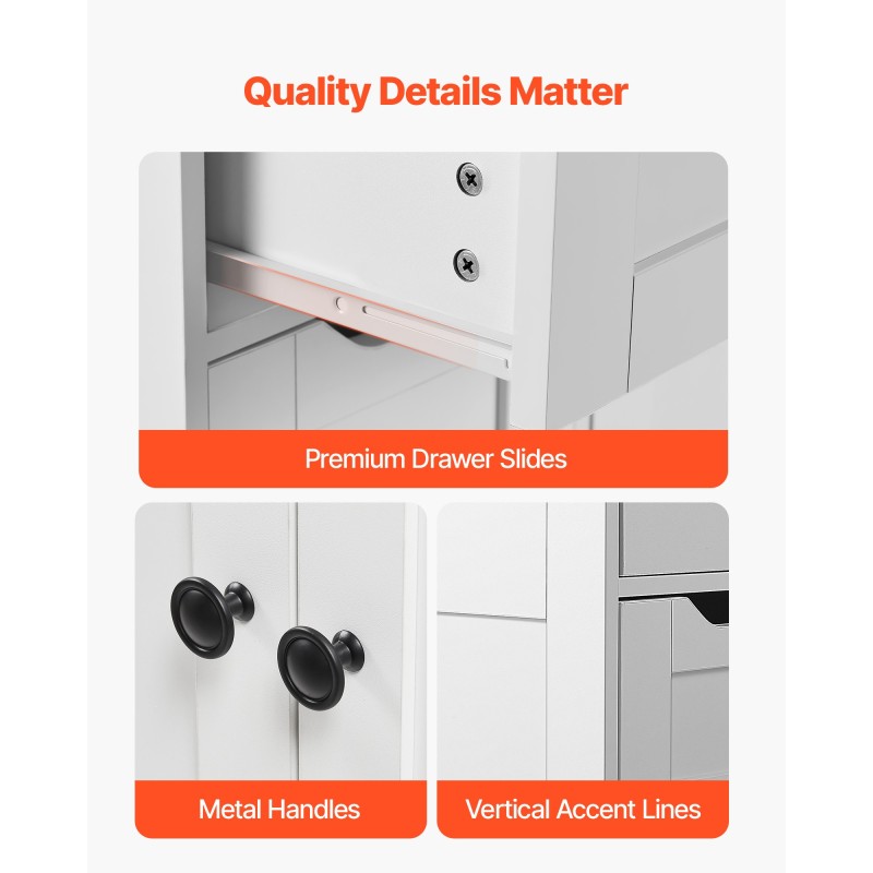 Kaappi lattialla seisova valkoinen P2 MDF-levy kylpyhuoneeseen 4 laatikkoa 3 hyllyä