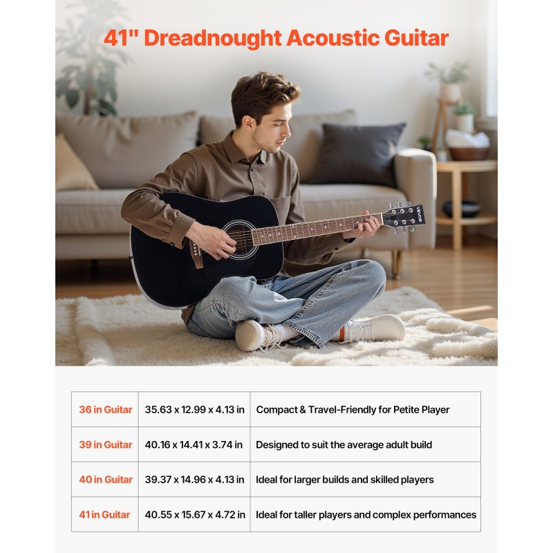 Akustinen dreadnought-tyyppinen kitara 41 tuumaa kuusikansi mahonkirunko ruusupuinen otelauta musta aikuisille aloittelijoille