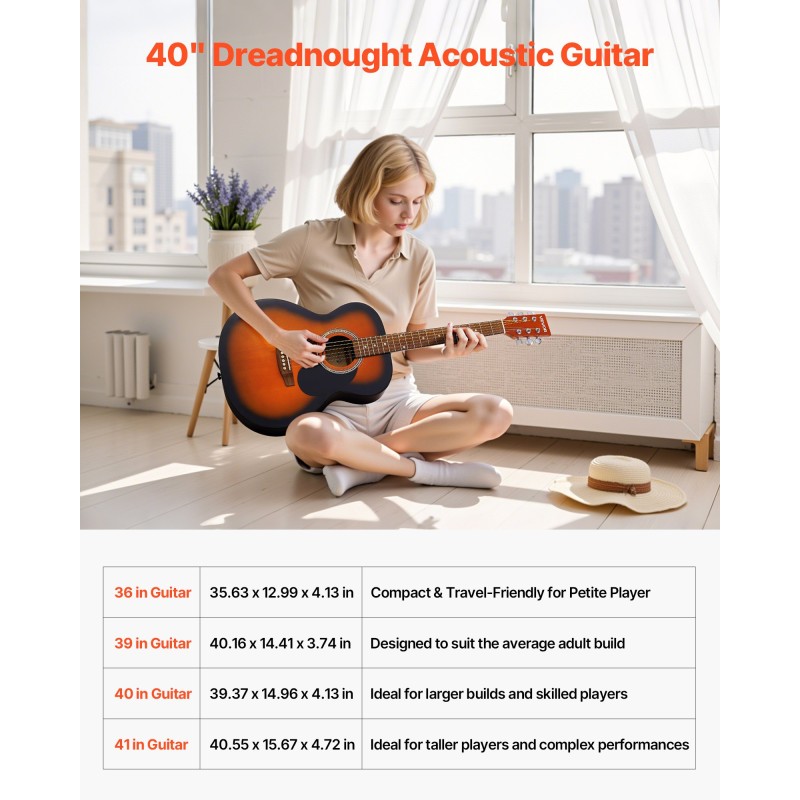 Dreadnought-akustinen kitara 40 tuumaa 1016 mm kuusikansi mahonkirunko ruusupuinen otelauta kantopussilla aloittelijoille