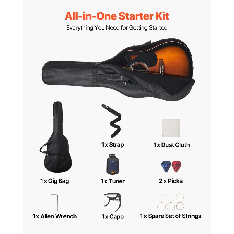 Akustinen cutaway-kitara 41-tuumainen kuusi kansi mahonki pohja ruusupuu otelauta aurinkoviimeistely kantopussi