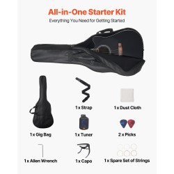 Akustinen kitara 41-tuumainen reunaleikkauksella kuusikansi mahonki pohja ruusupuu otelauta musta aloituspaketti