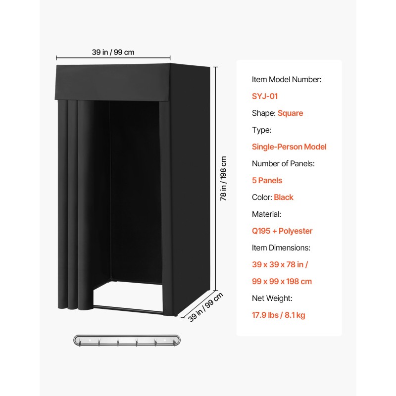 Kannettava sovitushuone yhden hengen musta polyesteriverho Q195 rautarunko 99x99x198 cm