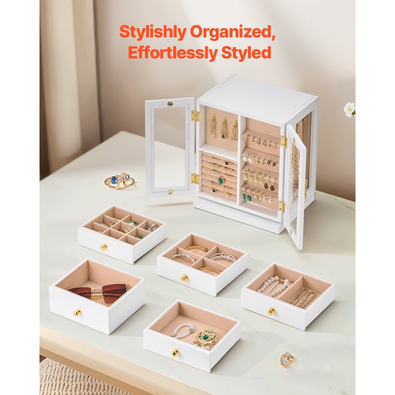 Korurasia valkoinen MDF runko 5 laatikkoa 360 astetta pyörivä akryyli-ikkunalla samettivuori