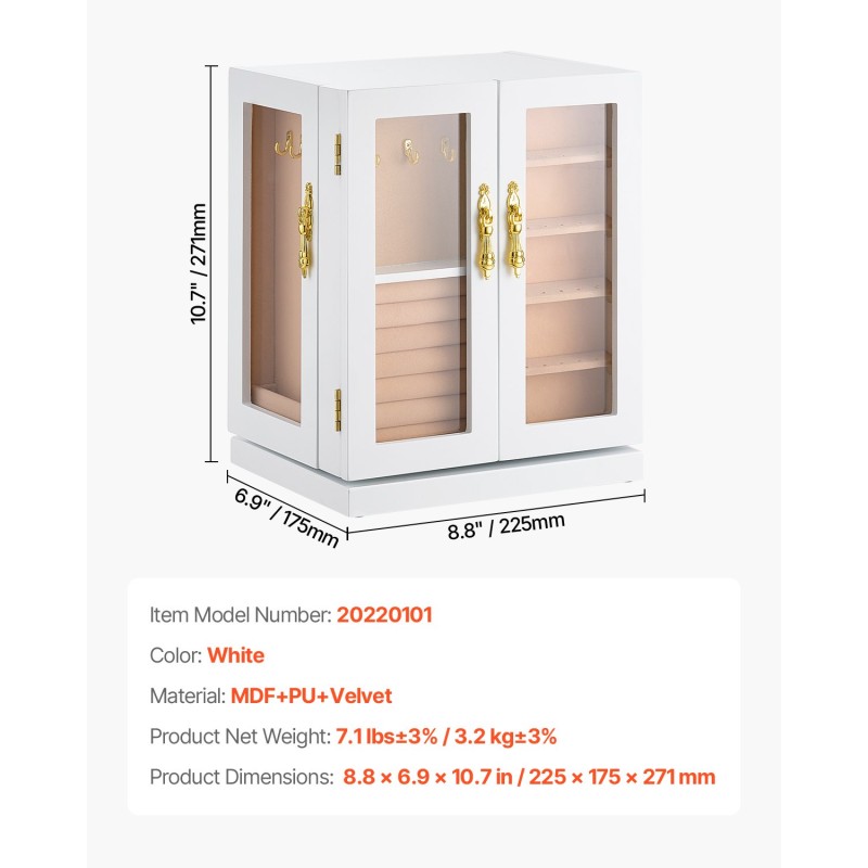 Korurasia valkoinen MDF runko 5 laatikkoa 360 astetta pyörivä akryyli-ikkunalla samettivuori