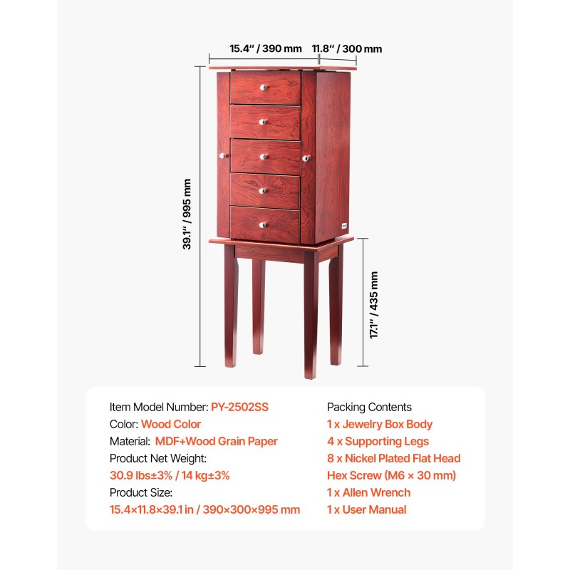 Korukaappi MDF-runkoinen puujäljitelmäpinta 4 laatikkoa 16 kaulakorukoukkua peilillä