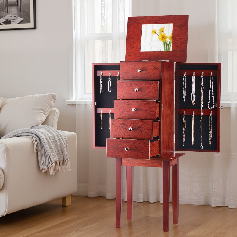 Korukaappi MDF-runkoinen puujäljitelmäpinta 4 laatikkoa 16 kaulakorukoukkua peilillä