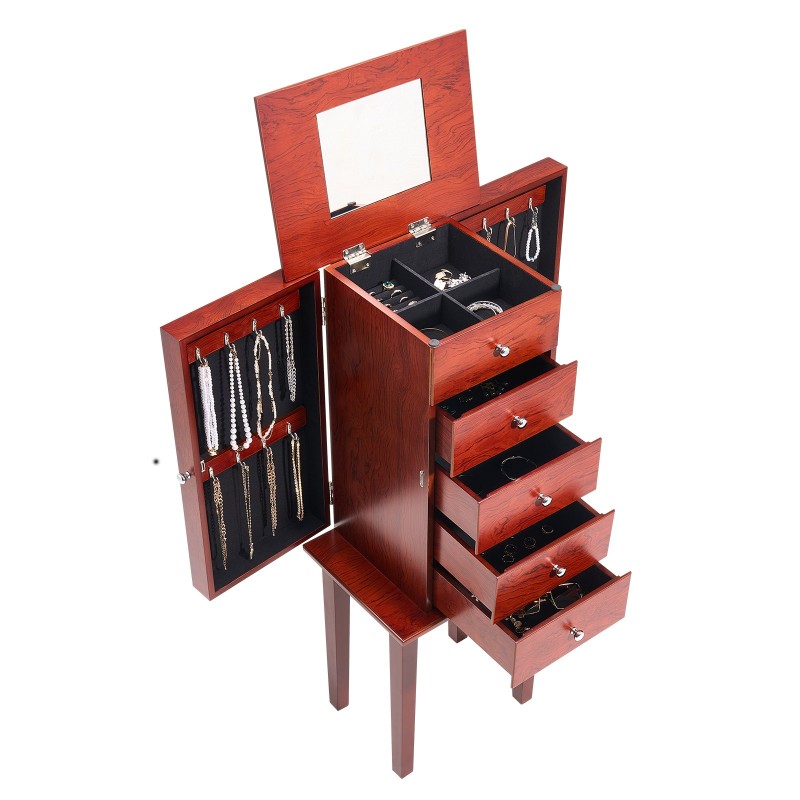 Korukaappi MDF-runkoinen puujäljitelmäpinta 4 laatikkoa 16 kaulakorukoukkua peilillä