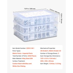 Pultti- ja mutterilajitelma 2250 osaa metriset ja tuumaiset seosteräksiset sinkityt säilytyslaatikoilla