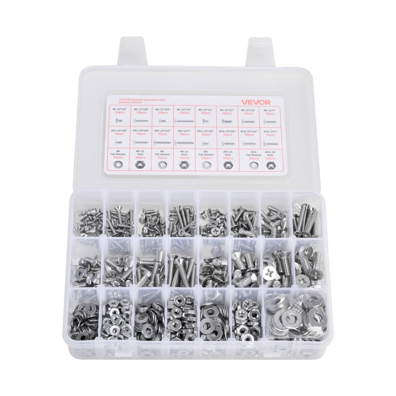 Pultti- ja mutterilajitelma 720 osaa ruostumatonta terästä säilytyslaatikolla