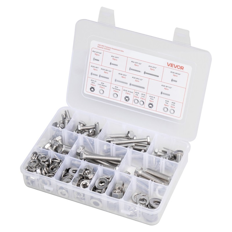 Pultti- ja mutterilajitelma 246 osaa ruostumattomasta teräksestä säilytyslaatikolla