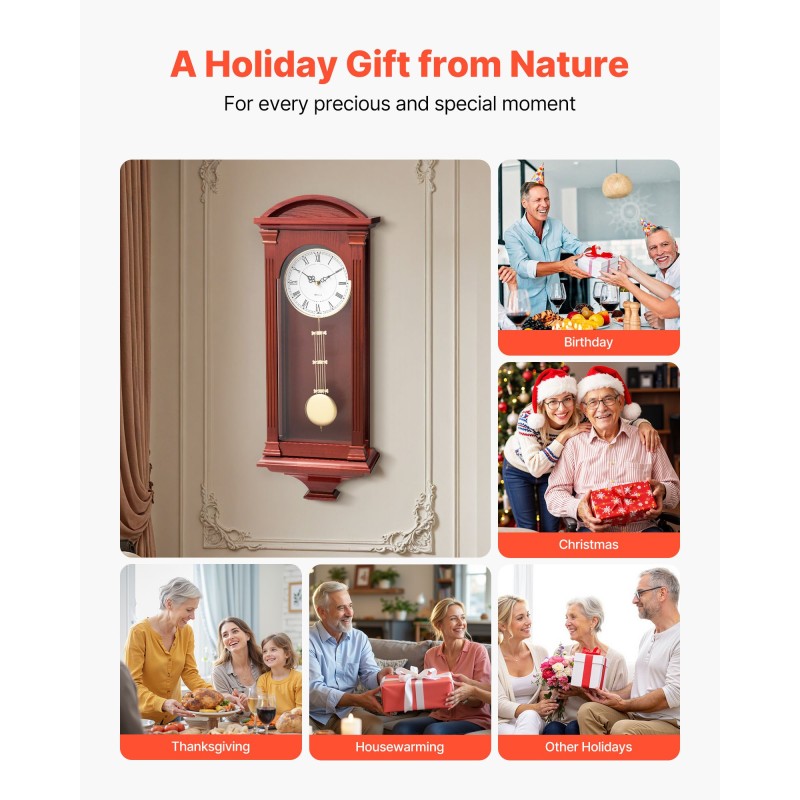 Seinäheilurikello mäntyrunko ja MDF-levy kirsikan sävy 680 mm korkea hiljainen kvartsikoneisto