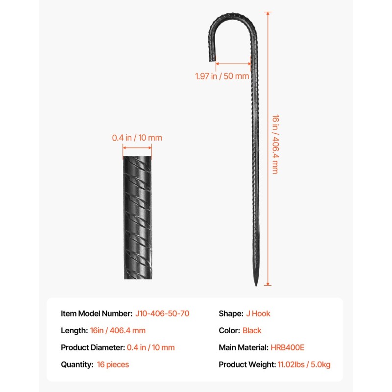 J-muotoiset harjateräsmaakiilat galvanoitua terästä 406 mm pituus halkaisija 10 mm 16 kpl