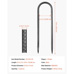 U-muotoiset galvanoidut maakiilat terästä musta pinnoite 254 mm 8 mm 12 kpl