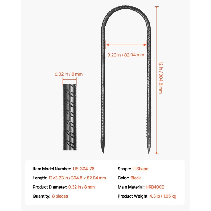 U-muotoiset maakiilat galvanoitua terästä 300 mm 8 mm 8 kpl musta