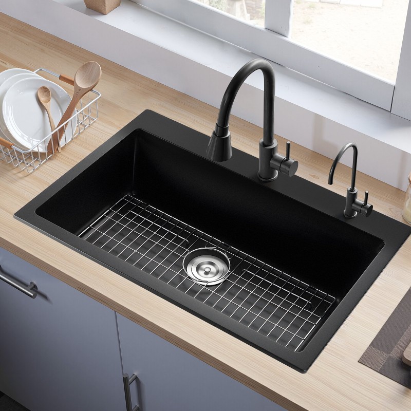 Päältä asennettava 84 cm keittiöallas yksiallas kvartsihiekka ja hartsi musta