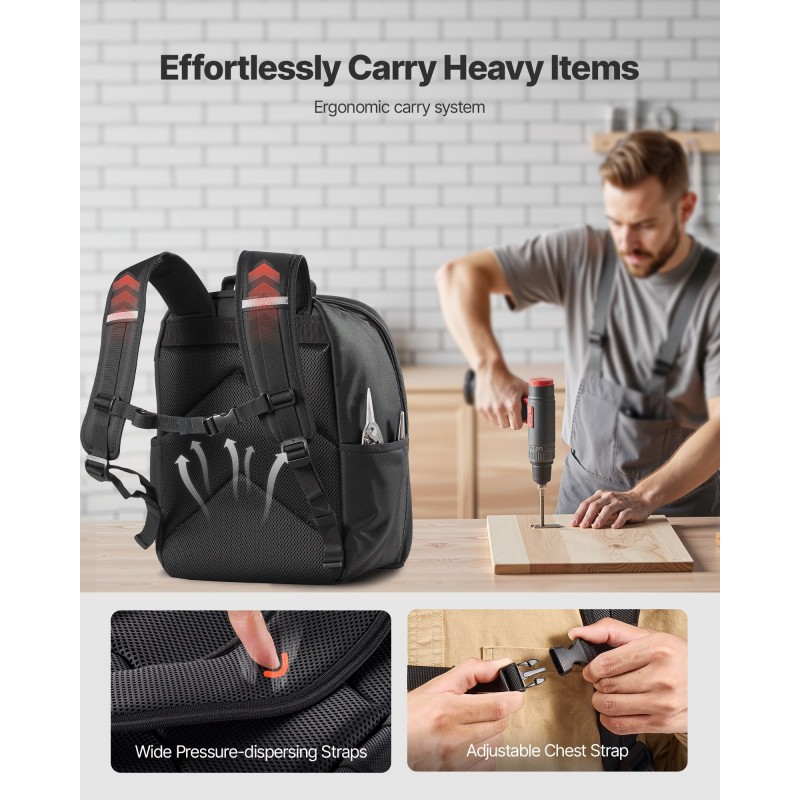 Työreppu 600D polyesterikangas 49 taskua erillisellä läppärilokerolla ja vahvistetulla pohjalla sähköasentajille