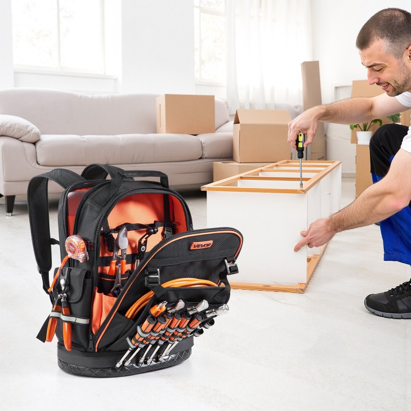 Työkalureppu 64 taskua 1680D ja 600D polyesteri PVC-pohjalla kannettavalle tietokoneelle lokero