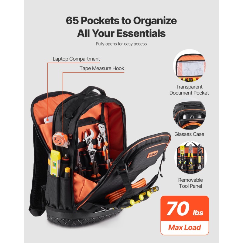 Työreppu 65 taskua kannettavan tietokoneen lokero 1680D polyesteri PVC-pohja