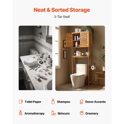 Säilytyskaappi bambusta ja MDF 175 cm korkea kapea wc:n yläpuolelle kolmitasoinen