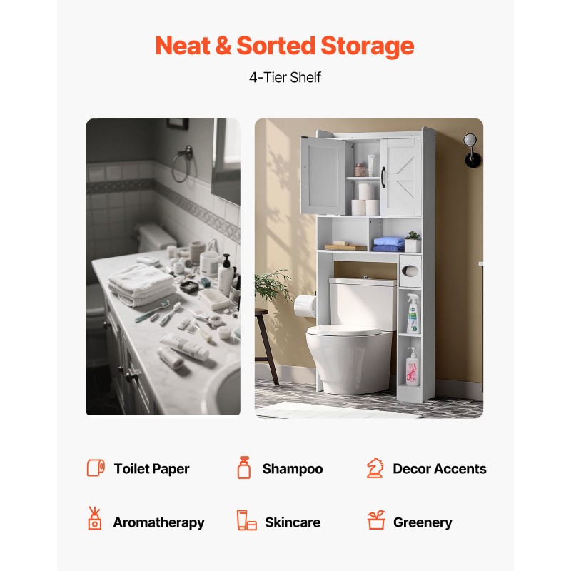 Säilytyskaappi WC:n yläpuolelle valkoinen lastulevy ja MDF 168 cm 4 tasoa