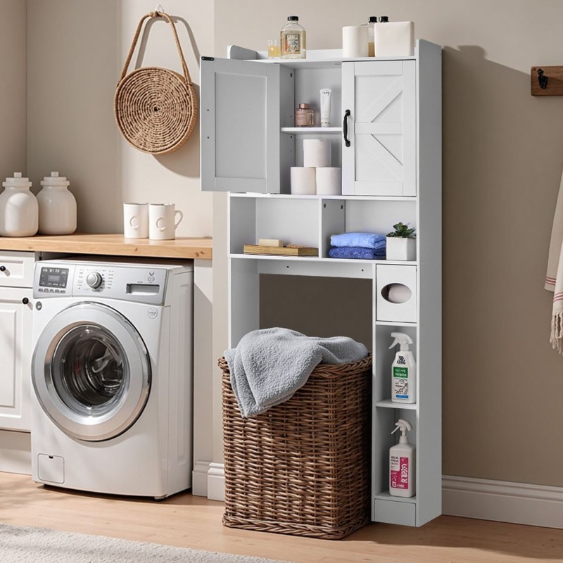 Säilytyskaappi WC:n yläpuolelle valkoinen lastulevy ja MDF 168 cm 4 tasoa