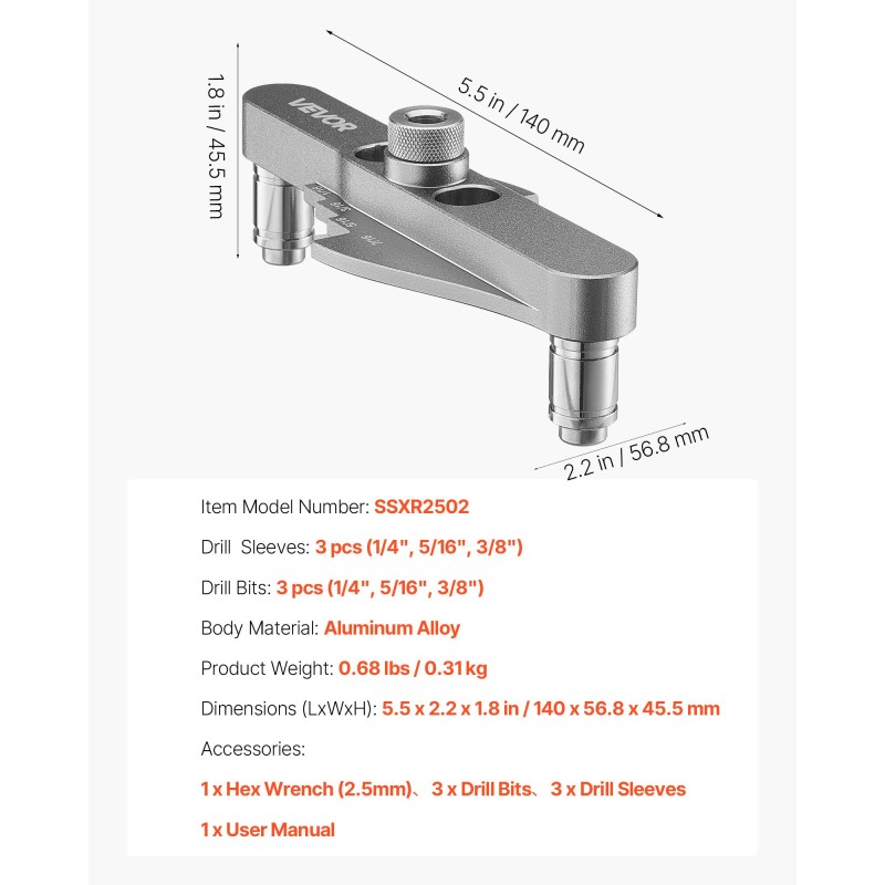 Tappiporausohjainsetti alumiiniseosrunko puutyöhön kolmella poraholkilla ja porarajoittimilla
