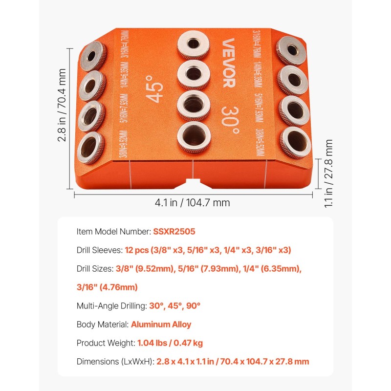 Monikulmainen poraohjain alumiinirunko 30° 45° ja 90° kulmilla kaksitoista poraholkia