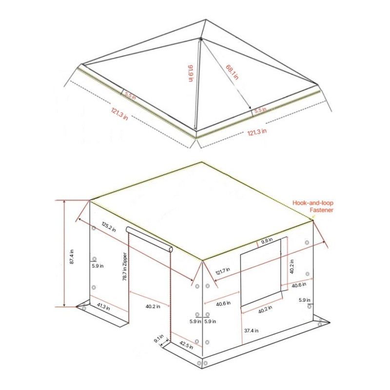 Paviljongin talvipeite 180G PE 3,05×3,05 m sivuseinillä ja ikkunoilla beige