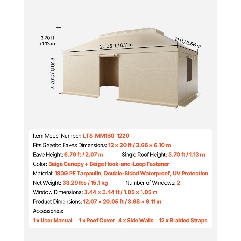 Talvisuojapeite paviljongille 180G PE-pressu 3,66 x 6,10 m kaksikerroksinen beige
