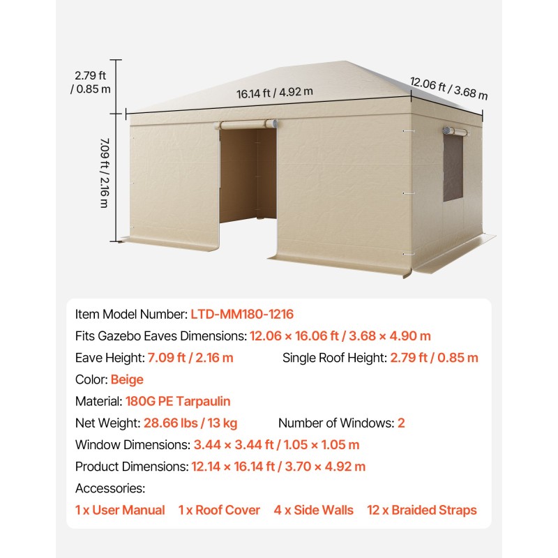 Talvisuojapeite 180G PE-pressu sopii 3.68×4.90 m kovakattoiselle paviljongille