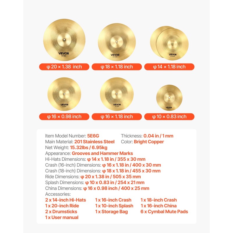 6-osainen symbaalisetti 201-ruostumatonta terästä 10–20 tuumaa harjoitteluun ja esiintymiseen