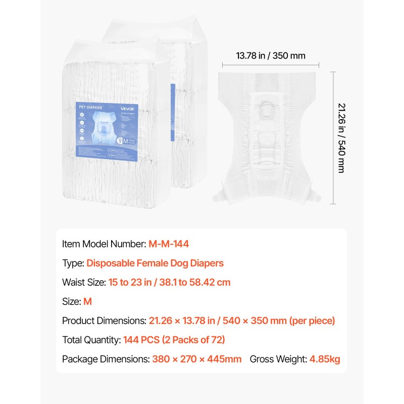 Kertakäyttöiset narttukoiran vaipat M 144 kpl 360 asteen vuotosuoja kosteusilmaisimella