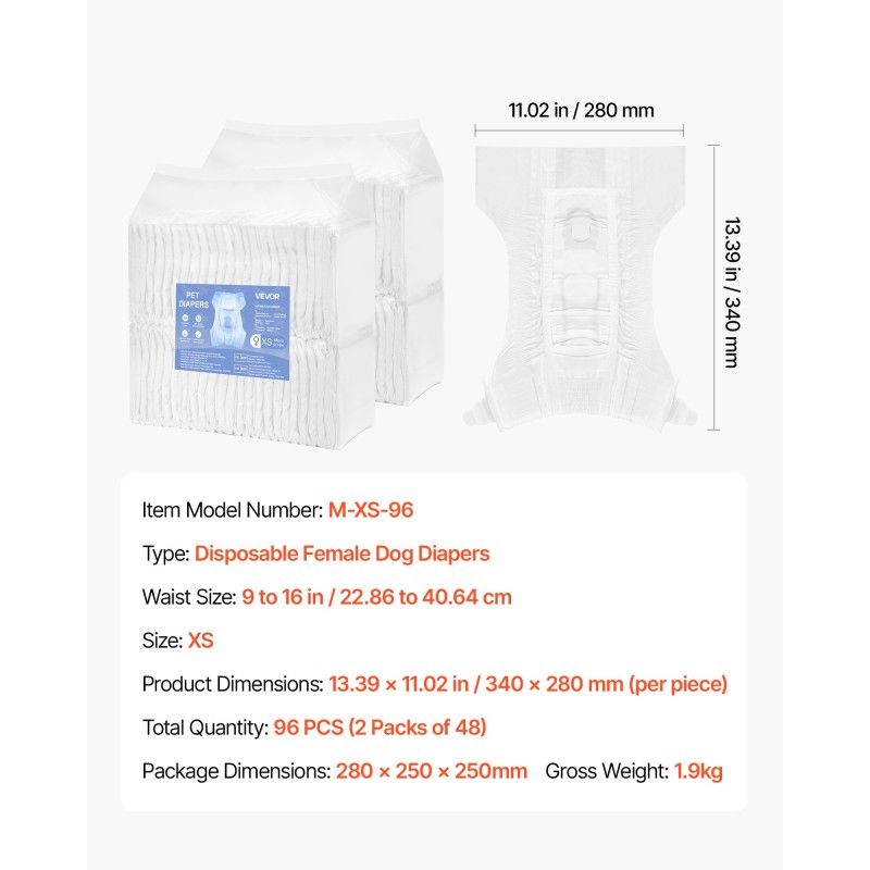 Kertakäyttöiset narttukoirien vaipat XS vyötärönympärys 22–41 cm 96 kpl