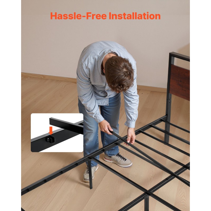 Metallinen sängyn runko ruskealla puupäädyllä 35 cm korkeus 12 tuuman maavara