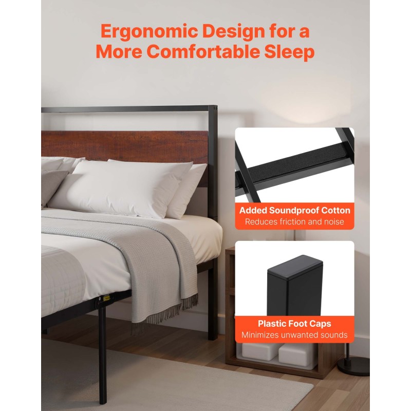 Metallinen queen-kokoinen sängynrunko mustalla alustalla 12 tuuman maavaralla retro ruskealla puupäädyllä