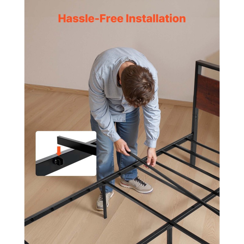 Metallinen queen-kokoinen sängynrunko mustalla alustalla 12 tuuman maavaralla retro ruskealla puupäädyllä