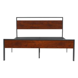 Metallinen queen-kokoinen sängynrunko mustalla alustalla 12 tuuman maavaralla retro ruskealla puupäädyllä