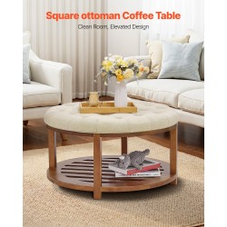 Pyöreä rahi-sohvapöytä pellavakankaalla ja puuisella alahyllyllä 81 cm