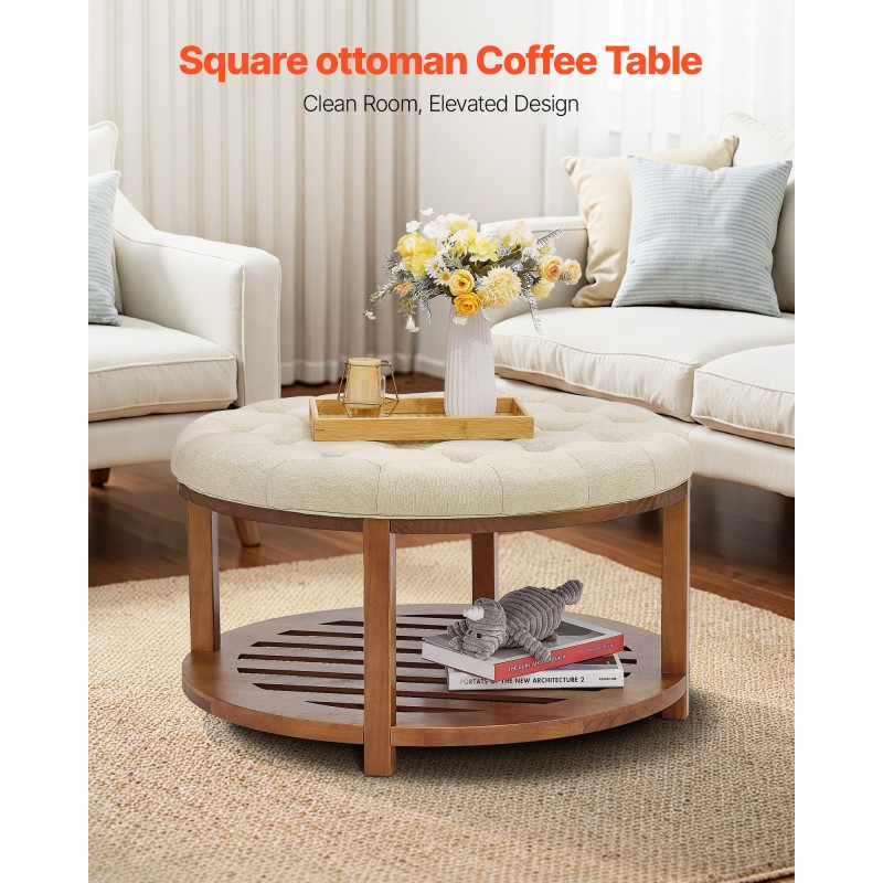 Pyöreä rahi-sohvapöytä pellavakankaalla ja puuisella alahyllyllä 81 cm