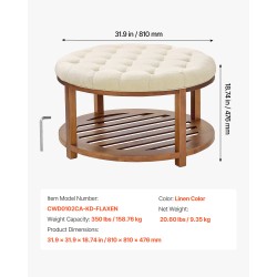 Pyöreä rahi-sohvapöytä pellavakankaalla ja puuisella alahyllyllä 81 cm