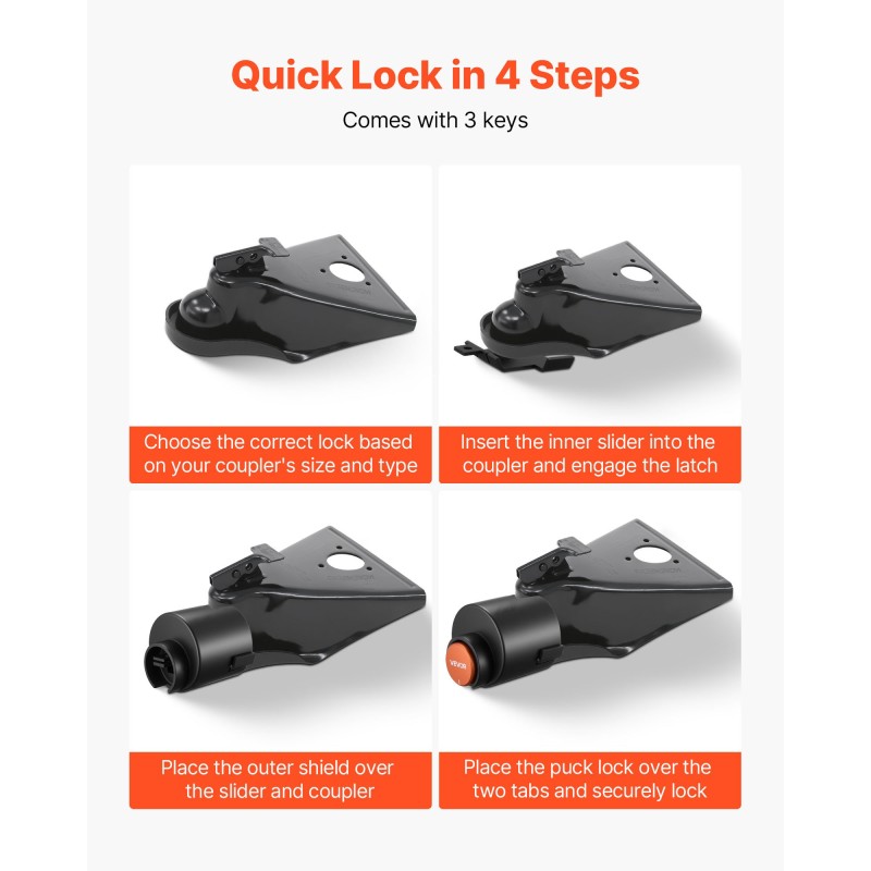 Perävaunun vetokidan lukko hiiliteräs 58,6 mm laipallinen 6 mm seinämä 3 avainta