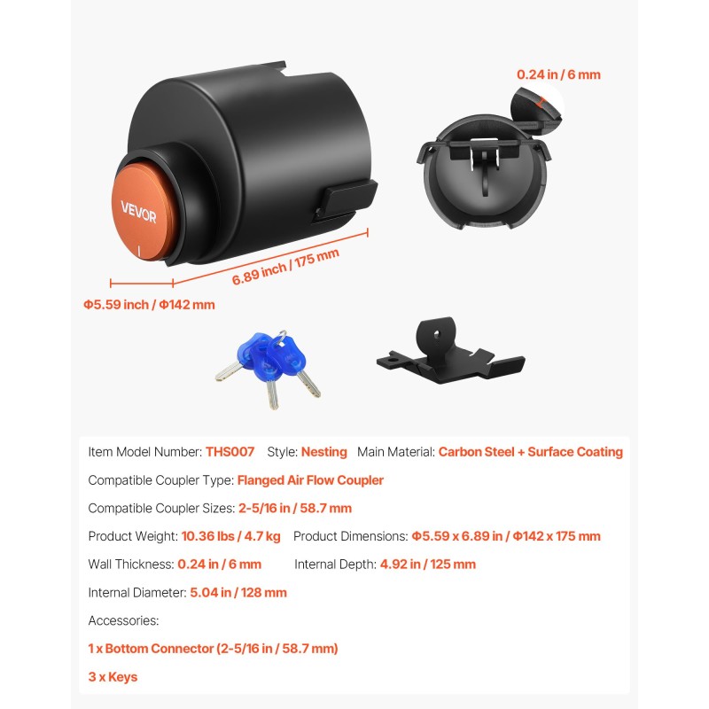 Perävaunun vetokidan lukko hiiliteräs 58,6 mm laipallinen 6 mm seinämä 3 avainta