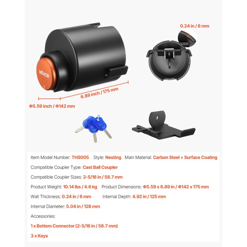 Perävaunun vetokoukun lukko hiiliteräs 58,6 mm valettuihin pallokytkimiin