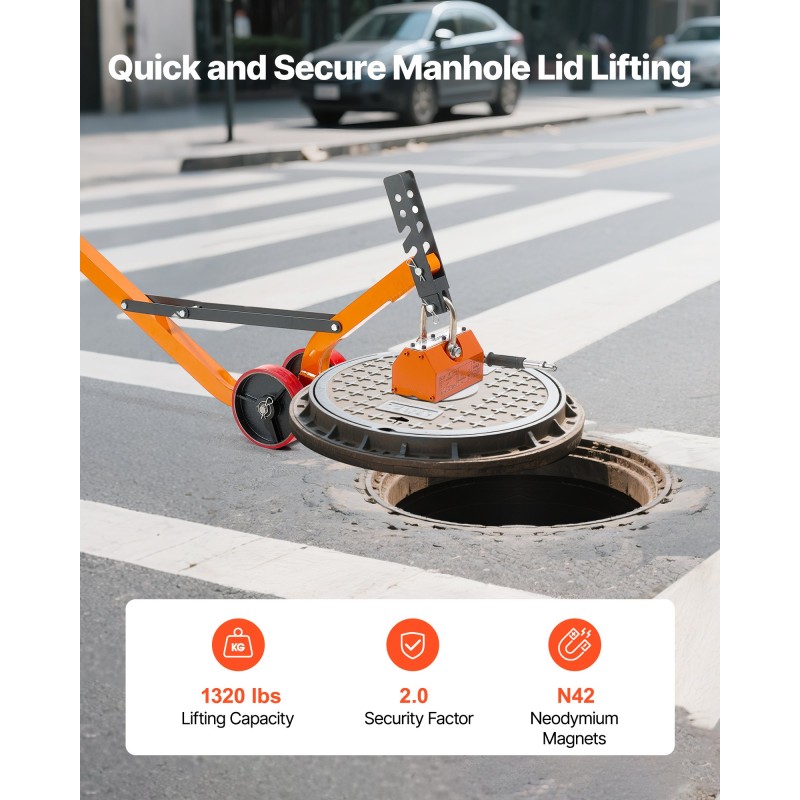 Magneettinen kaivonkannen nostovaunu teräsrunko taittuva N42-neodyymimagneetti 600 kg vetovoima