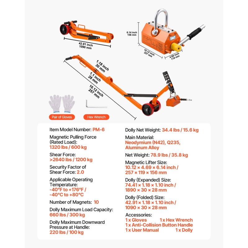 Magneettinen kaivonkannen nostovaunu teräsrunko taittuva N42-neodyymimagneetti 600 kg vetovoima