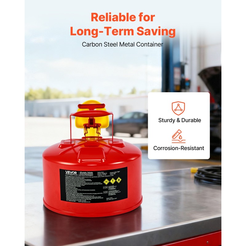 Turvapolttoainekanisteri 9,5 l kylmävalssattu hiiliteräs punainen ruostumaton liekinsammutin