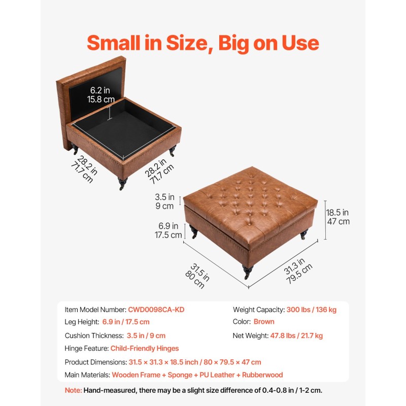 Säilytysrahi 80 cm neliö PU-nahkaverhoiltu ruskea puurunko säilytystilalla rullapyörillä