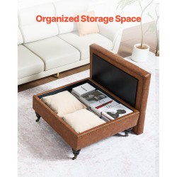 Säilytysrahi 80 cm neliö PU-nahkaverhoiltu ruskea puurunko säilytystilalla rullapyörillä