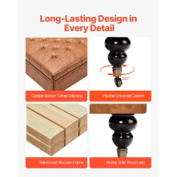 Säilytysrahi 80 cm neliö PU-nahkaverhoiltu ruskea puurunko säilytystilalla rullapyörillä