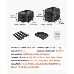 Moottoripyörän takalaukku laajennettava 22–34 l 1680D Oxford-kangas